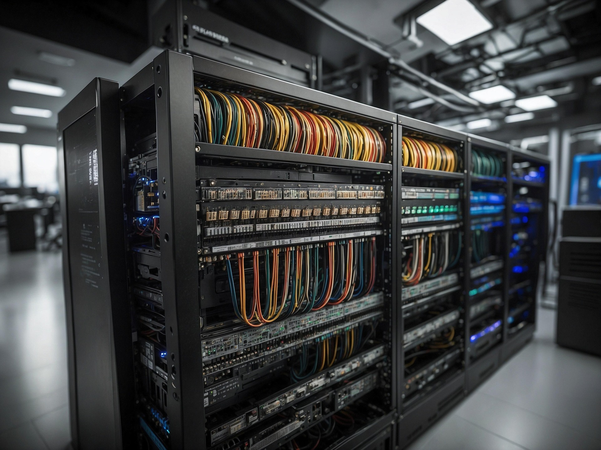 Dark server room with cable racks