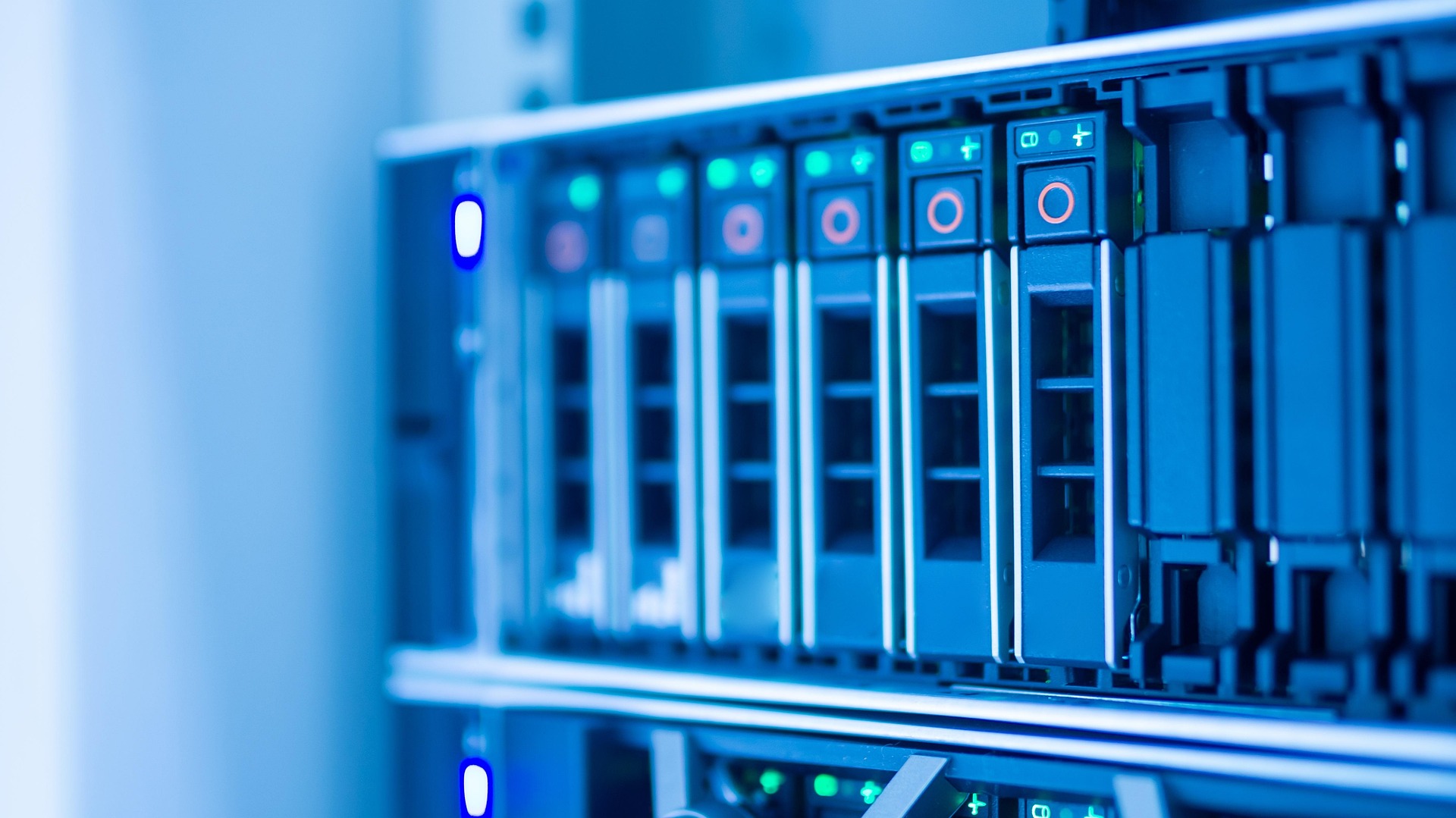 Close-up of server hardware with status lights