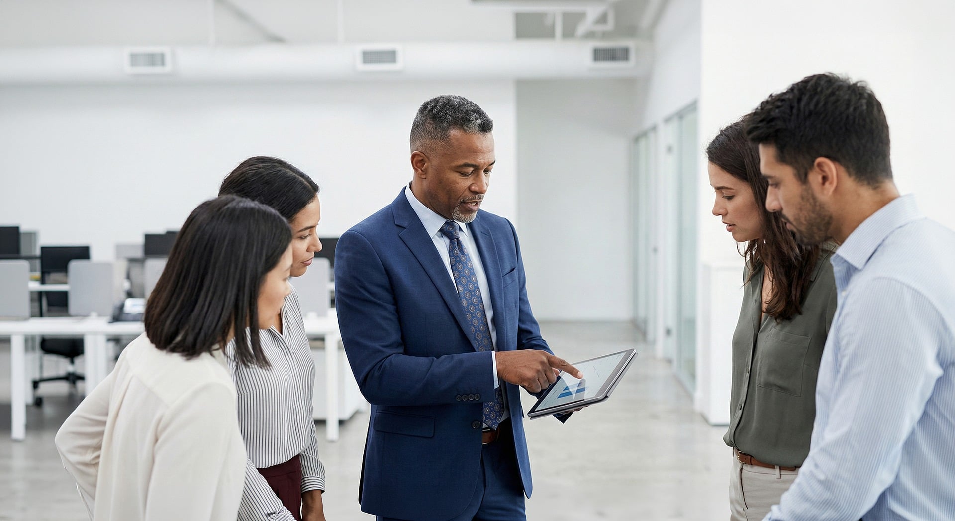 Diverse team reviewing work together in an office